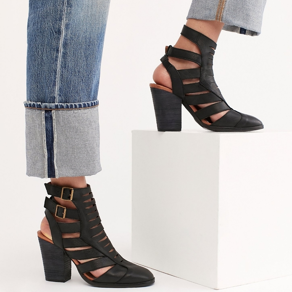 Stylish Strappy Free People Black Leather Booties - Picture 2 of 10